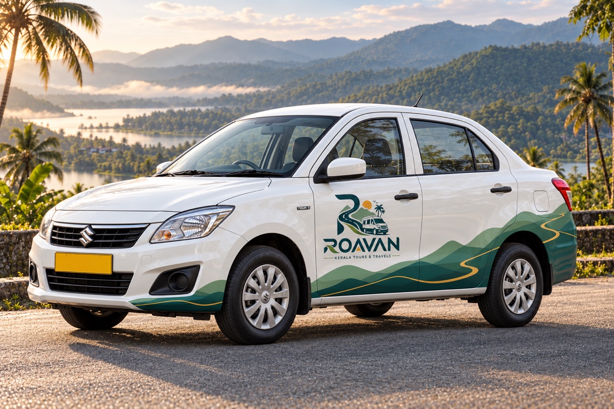 ROAVAN-branded Maruti Suzuki Dzire Tour sedan advertising concept in Kerala