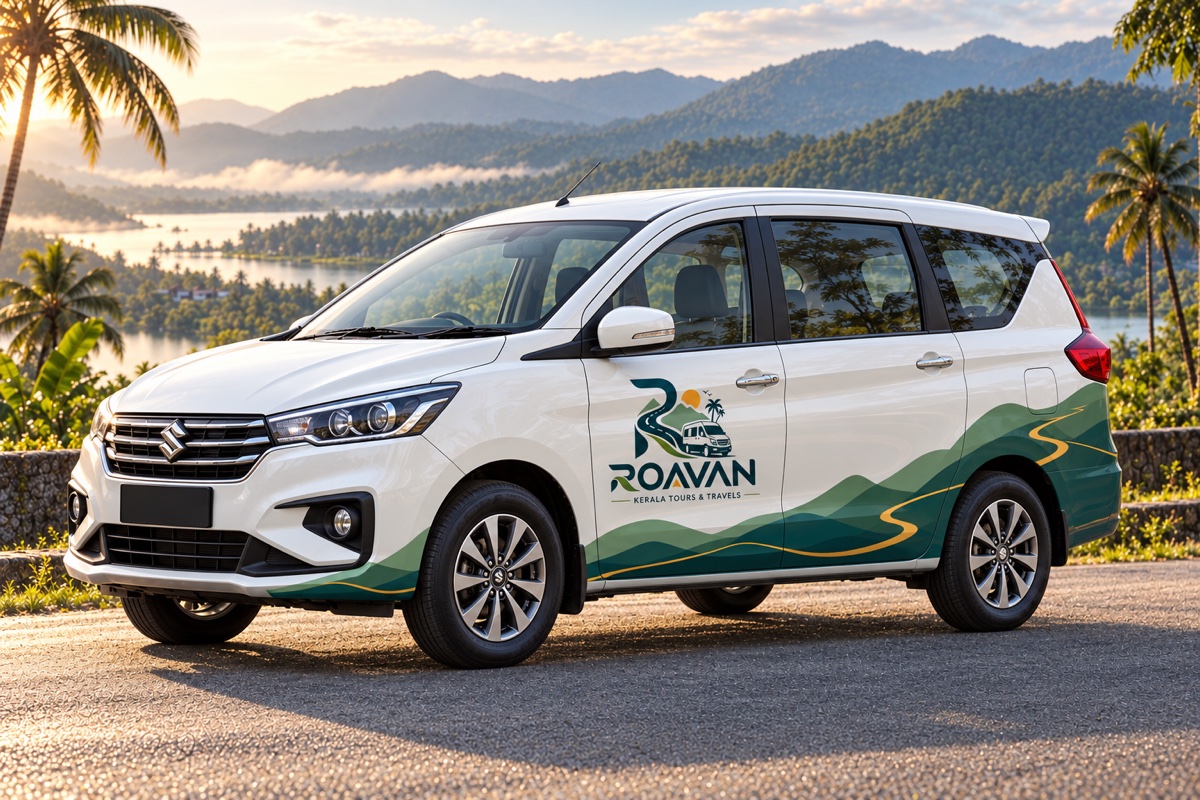 ROAVAN-branded Maruti Suzuki Ertiga advertising concept on a scenic Kerala road