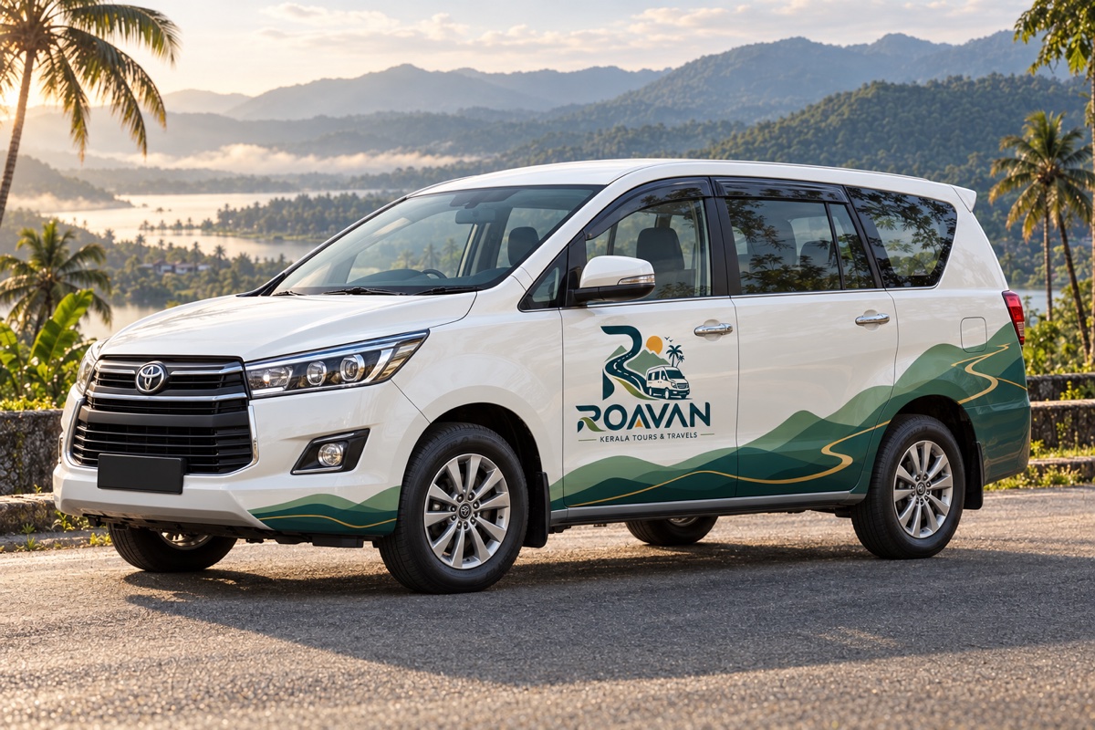 ROAVAN-branded white Innova advertising concept in Kerala scenery