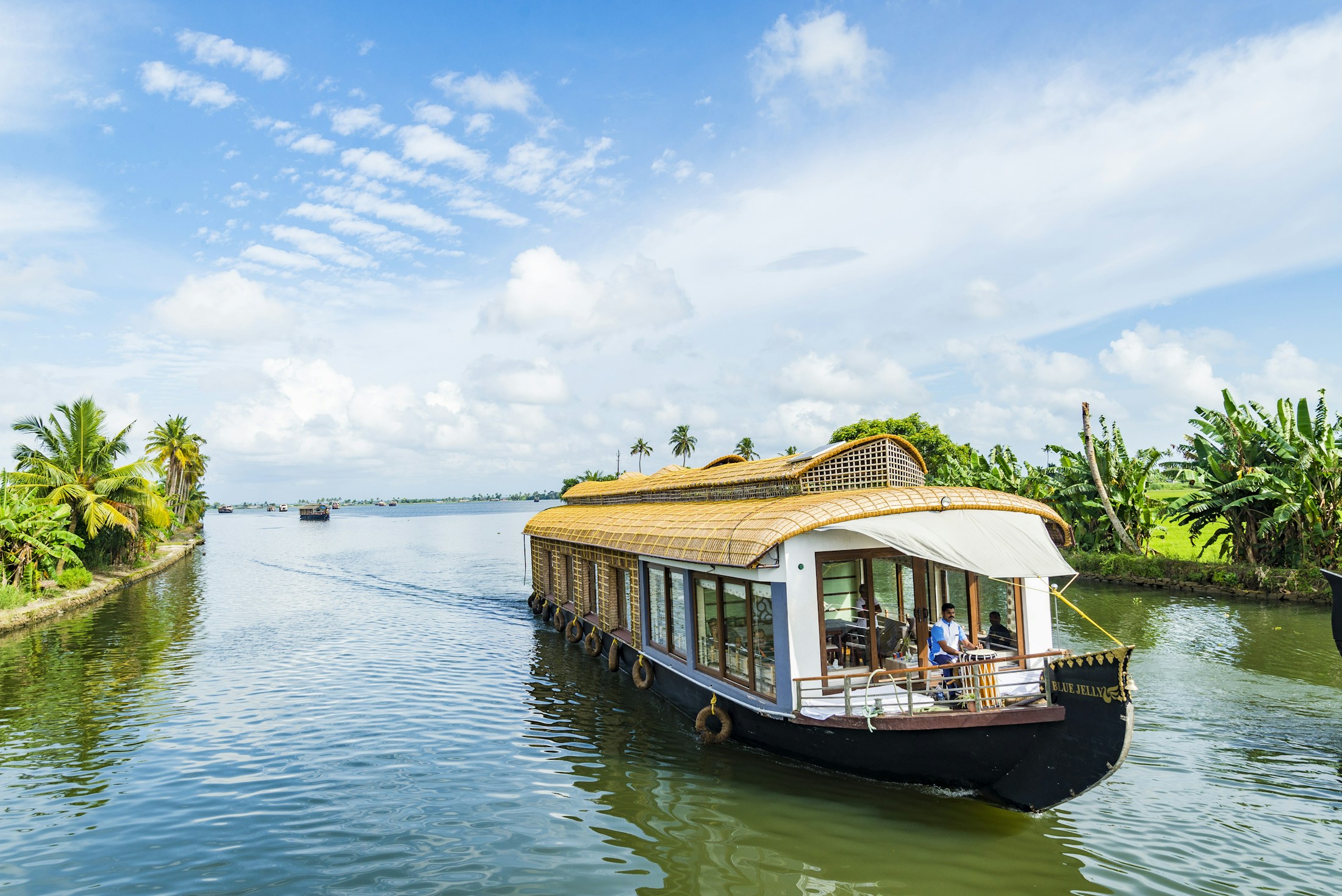 A traditional houseboat on Kerala’s palm-lined backwaters