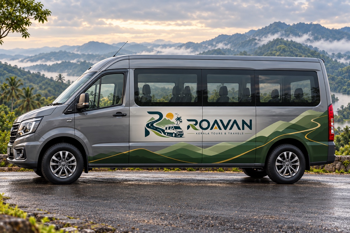 ROAVAN-branded Urbania 14-seater advertising concept with green and gold mountain graphics